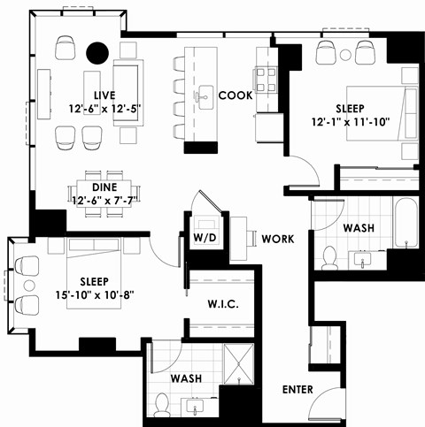 Floor plan for 2 beds, 2 baths, 1176 sqft